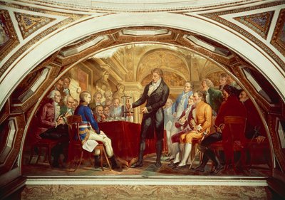 Alessandro Volta (1745-1827) toont zijn nieuw uitgevonden batterij aan Napoleon (1769-1821) bij het Institut de France in Parijs, 7 november door Gaspero Martellini