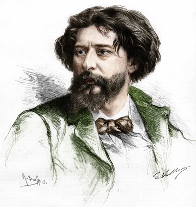 Portret van Alphonse Daudet (1840-1897), Franse schrijver. Gravure door A. Pochy naar Gaston Vuillier, eind 19e eeuw. door Gaston (after) Vuillier