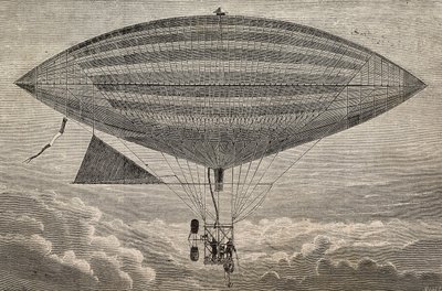 Elektrische ballon met propeller, een prototype door Gaston en Albert Tissandier, Parijs, Frankrijk, gravure uit L