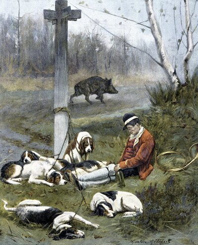 De jager en zijn slaperige honden - gravure door Gaston Gelebert door Gaston Gelibert