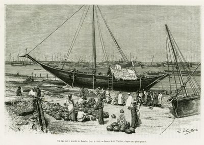 Een tepe op de Zanzibar-markt (Tanzania). Gravure door G.Vuillier, ter illustratie van het verhaal Reis onder de Benadirs, Somali
