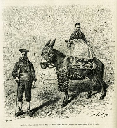 Andorra en Andorra. Gravure door G. Vuillier, ter illustratie van het verhaal 