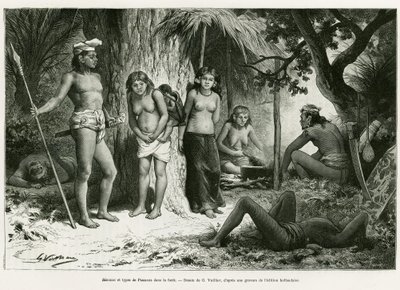 Bivak en types van Lung in het bos. Gravure door G.Vuillier, ter illustratie van het verhaal De Koutei a Bandjirmasin, reis door Borneo, door Carl Bock, in le tour du monde 1890, onder leiding van Edouard Charton (1807-1890), Hachette, Parijs. door Gaston Vuillier