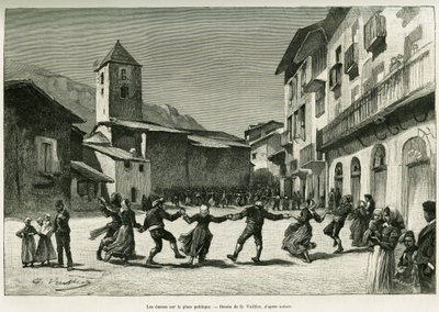 Dansen op het openbare plein. Gravure door G.Vuillier, ter illustratie van het verhaal De vallei van Andorra, door Gaston Vuillier, in le tour du monde 1888, onder leiding van Edouard Charton (1807-1890), Hachette, Parijs. door Gaston Vuillier