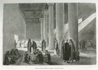 Binnenkant van het paleis van Emir Muhammad Ibn Abdullah Al Rashid (1872-1897), in Hail, Saoedi-Arabië. Gravure door G.Vuillier, ter illustratie van het verhaal 