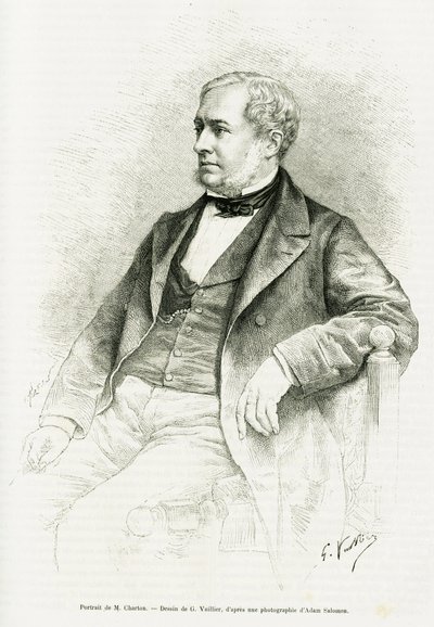 Portret van Edouard Charton. Gravure door G.Vuillier, naar een foto door Adam Salomon, ter illustratie van het artikel getiteld M. Charton door Paul Laffite in le tour du monde 1890, bewerkt door Edouard Charton (1807-1890), Hachette, Parijs. door Gaston Vuillier
