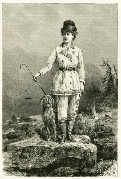 Portret van Madame Marie De Ujfalvy-Bourdon, in reiskleding, met haar hond, getrouwd met etnoloog, taalkundige en ontdekkingsreiziger Charles Eugene Ujfalvy (1842-1904), zij vergezelde hem op al zijn expedities. Gravure door G.Vuillier, naar de natuur. door Gaston Vuillier