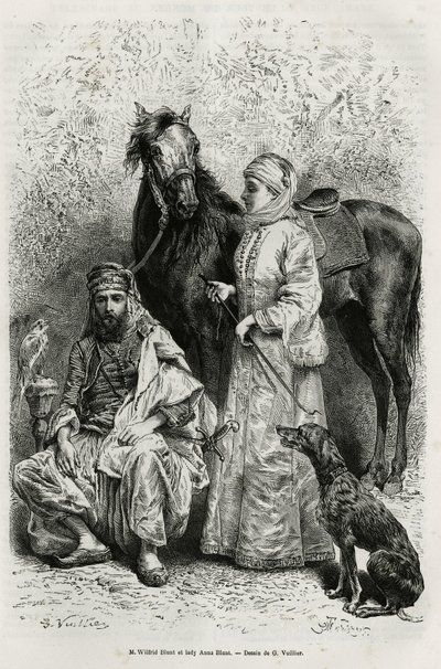 Portretten van Mr. Wilfrid Blunt (1840-1922), dichter en schrijver, en zijn vrouw, Lady Anna Blunt (geboren King Noel (King Noel) 1837-1917), de eerste Europese vrouw die het Midden-Oosten verkende, gekleed in een reiskostuum, voor een van de Arabische paa door Gaston Vuillier