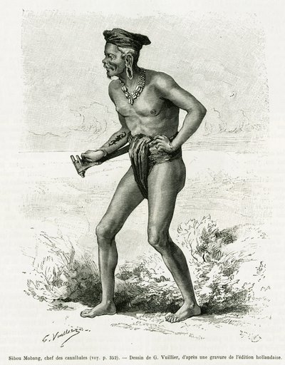 Sibou Mobang, hoofd van de kannibalen. Gravure door G.Vuillier, ter illustratie van het verhaal De Koutei a Bandjirmasin, reis door Borneo, door Carl Bock, in le tour du monde 1890, geregisseerd door Edouard Charton (1807-1890), Hachette, Parijs. door Gaston Vuillier