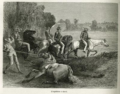 De expeditie te paard voor de verkenning van de vallei van Terable, gravure naar een tekening van G. Vuillier, ter illustratie van het verhaal De Cayenne aux Andes, door Jules Crevaux, arts van de Franse marine, in 1878-1879, gepubliceerd in 
