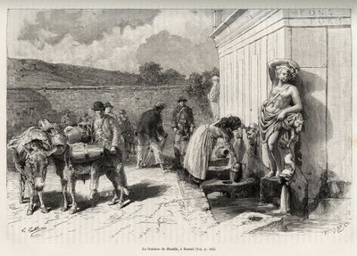De fontein van de Rossello, in Sassari (Italië). Dagelijkse activiteiten, vrouw vult een kruik en waterdragers met hun ezels vullen hun vaten. Gravure en verhaal 