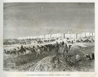 De muren van Meshed Ali (Ali Ibn Abi Talib, overleden in 661, neef, discipel en schoonzoon van Mohammed (570-632)) bevinden zich in de moskee van Najaf (Irak) en de pelgrims verzamelen zich om de eerste en vader van alle imams te vieren. Gravure door G. Vu door Gaston Vuillier
