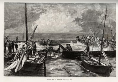 Tonijnvissen (mattanza): de doodskamer, tonijnen worden in een krappe ruimte geperst en bedekt door de harpoenen van de vissers. Gravure en verhaal La Sardaigne door Gaston Vuillier (1845-1915), in 1890, in Le tour du monde, nouveau journal des voyages, on door Gaston Vuillier