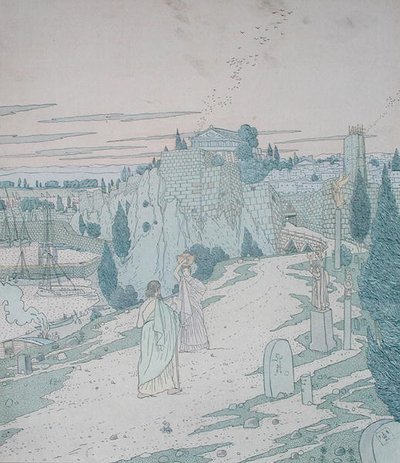 Odysseus ontmoet de godin Minerva vermomd als meisje met een kruik, illustratie uit Boek 6 van de Odyssee, vertaald door Lecomte de l