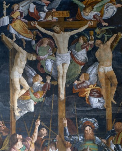 Kruisiging, detail uit fresco door Gaudenzio Ferrari (1475-1546), kerk van San Cristoforo, Vercelli, Piëmont, Italië door Gaudenzio Ferrari