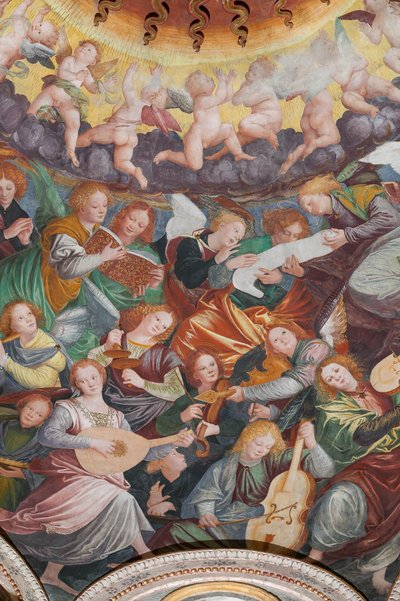 Detail van de Tenhemelopneming van de Heilige Maagd, bekend als "Het koor van engelen die muziek spelen", Koepel van het transept, vanaf 1534 door Gaudenzio Ferrari