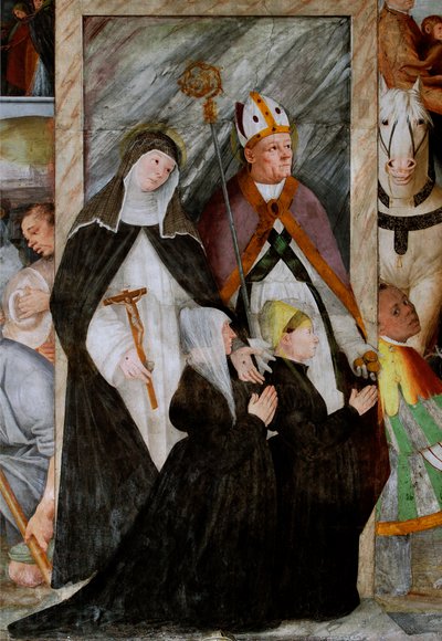 St. Catharina van Siena, St. Nicolaas van Bari en twee bieders op hun knieën door Gaudenzio Ferrari