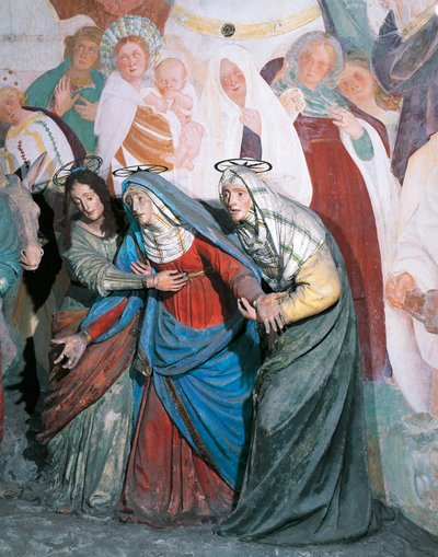 Beelden van heilige vrouwen die Christus volgen, detail van de Kruisiging door Gaudenzio Ferrari, Kapel XXXVIII, Heilige Berg van Varallo Sesia (UNESCO Werelderfgoedlijst, 2003), Italië door Gaudenzio Ferrari