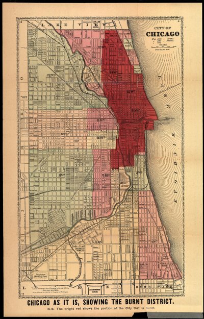 Chicago Zoals Het Is, met de Verbrande Wijk, uit History of the Great Fires in Chicago and the West door Edgar Johnson Goodspeed, gepubliceerd in Chicago, 1871 door Gaylord Watson