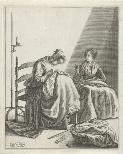 Twee vrouwen aan het naaien door Geertryut Roghman