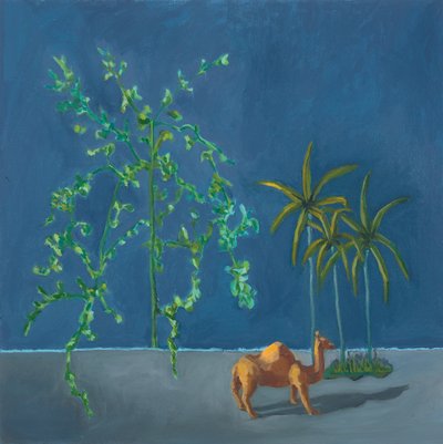Kameel en twee bomen, 2019 (olieverf op board) door Genevieve French