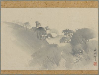 Landschap met heuvel, bomen en maanopkomst, Edo-periode, 1747-1868 door Genki