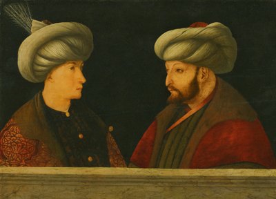 Portret van Sultan Mehmed II (1432-81) met een jonge dignitaris door Gentile (school of) Bellini