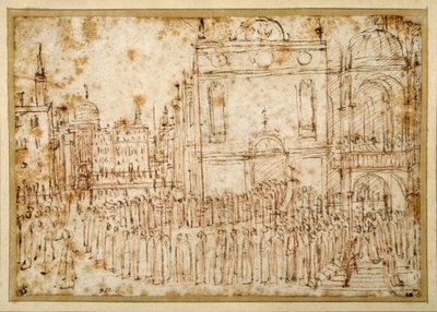 Een Venetiaanse processie van een scuola naar een kerk door Gentile Bellini