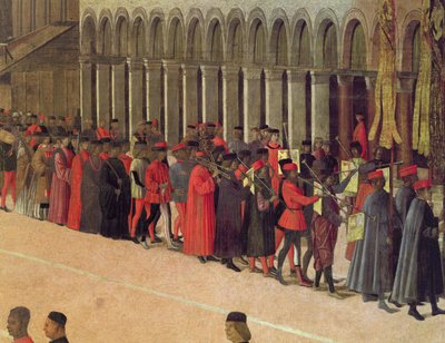Processie op het San Marcoplein, detail van muzikanten, 1496 (detail) door Gentile Bellini
