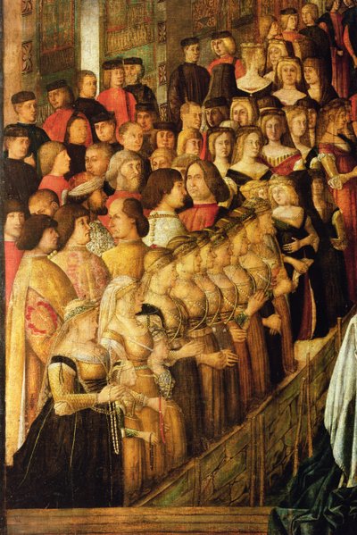 Het wonder van het kruis op de San Lorenzo-brug, detail van Caterina Cornaro en haar dames (detail) door Gentile Bellini