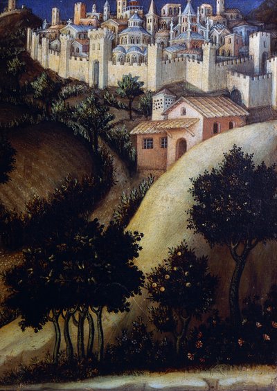 Aanbidding der Wijzen altaarstuk, detail van het centrale predellapaneel van Egypte door Gentile da Fabriano