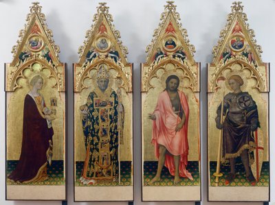 Vier heiligen van Quaratesi Polyptiek, Sint Maria Magdalena, Sint Nicolaas van Bari, Sint Johannes de Doper en Sint Joris door Gentile da Fabriano