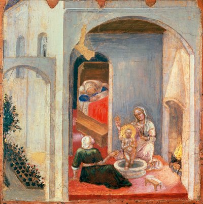 De geboorte van Sint-Nicolaas, paneel van predella van Quaratesi Polyptych door Gentile da Fabriano (1370-ca 1427), tempera op paneel, 355 x 36 cm door Gentile da Fabriano