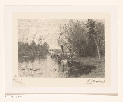 Eenden langs en op de oever van een plas door Geo Poggenbeek (signed by artist)