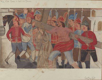 Kruiswegstaties nr. 2: Het kruis wordt op Jezus gelegd, ca. 1936 door Geoffrey Holt