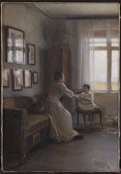 Interieur met de vrouw en het kind van de kunstenaar door Georg Achen
