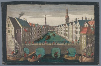 Gezicht op de Nikolaifleet tegenover de Sankt Nikolaikirche te Hamburg door Georg Balthasar Probst (possibly)