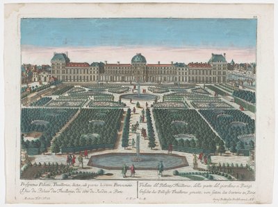 Gezicht op het Palais des Tuileries te Parijs gezien vanaf de Jardin des Tuileries door Georg Balthasar Probst
