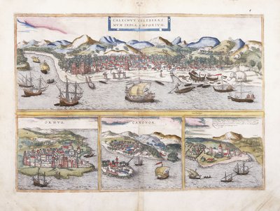 Gezicht op Calcutta, India, en daaronder kleinere uitzichten van Ormuz bij de ingang van de Perzische Golf, Canonor in India, en het Portugese fort El Mina in West-Afrika, 1572 door Georg Braun