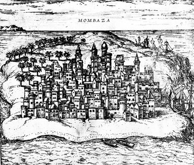 Uitzicht op Mombaza, uit Georg Brauns Civitates orbis terrarum, gepubliceerd in 1572 (detail) door Georg Braun und Franz Hogenberg