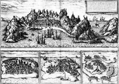 Gezichten van Aden, Mombaza, Quiloa en Cefala, uit Georg Braun