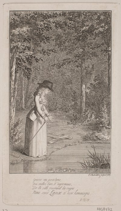 Een jonge dame staat in een bos bij de waterkant door Georg Christian Schule
