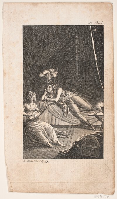 Illustratie met een dame die luit speelt voor een heer in een tent door Georg Christian Schule