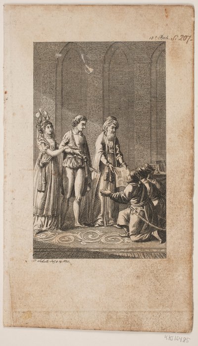 Illustratie met een jong paar met een oosterling en drie knielende Turkse soldaten door Georg Christian Schule