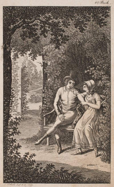 Illustratie met paar op bank in een tuin door Georg Christian Schule