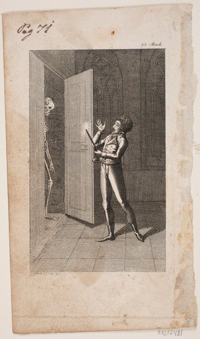 Illustratie met jonge man en skelet door Georg Christian Schule