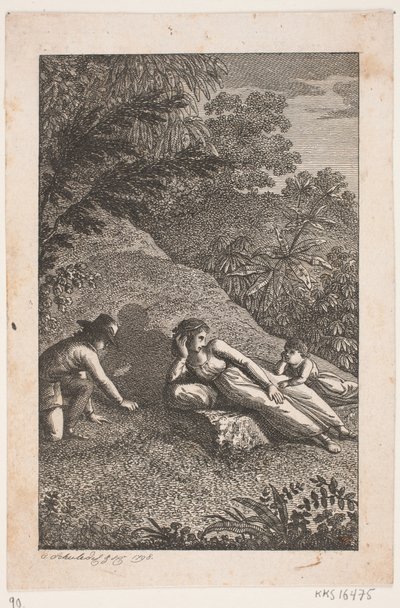 Liggende vrouw met jongen en meisje in een landschap door Georg Christian Schule