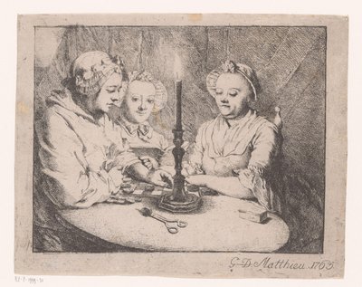 Damspelende dames bij kaarslicht door Georg David Matthieu