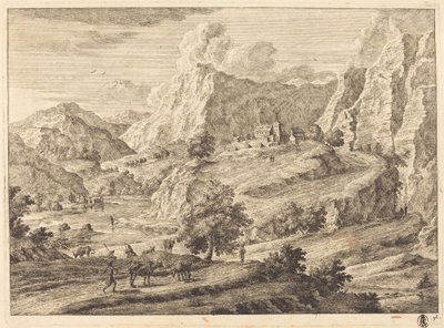 Bergachtig Landschap met Figuren en een Klooster door Georg Eisenmann