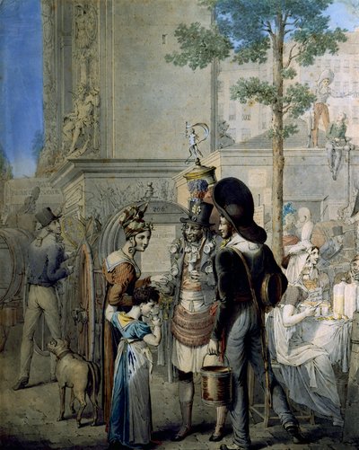 Kokosnootverkoper Porte Saint Denis in Parijs. Oude winkel die kokosnootbekers verkoopt in de straten van Parijs. Tekening door de Duitser George Emanuel Opitz door Georg Emanuel Opitz